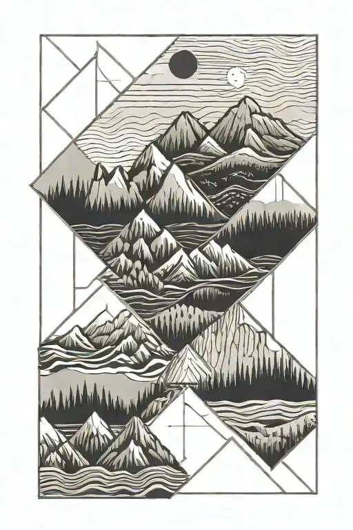 Mountain Landscape Inside One Romb Rectangle With Lines And Shapes Outside Merging