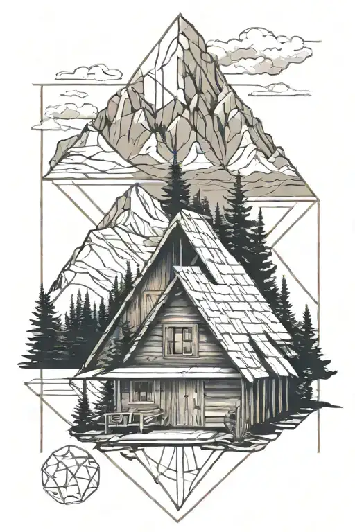 Mountain Landscape And Cabin Inside Single Romb With Geometrical Shapes And Shapes Outside