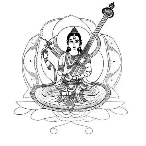 Saraswati Goddess Playing Sitar In Nature