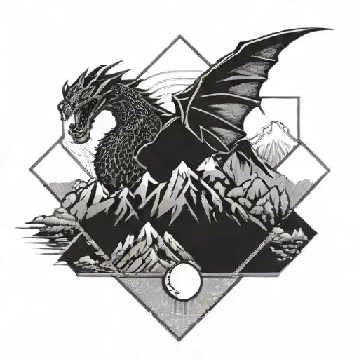 Fine Line Hexagon With With Mountains A Crescent Moon And A Dragon