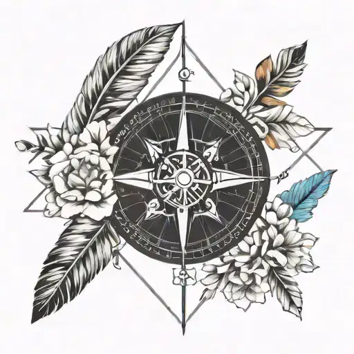 Compass And Arrow With Flowers And Feathers