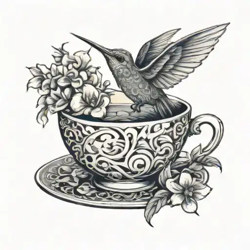 Skeleton Hummingbird On Teacup Surrounded