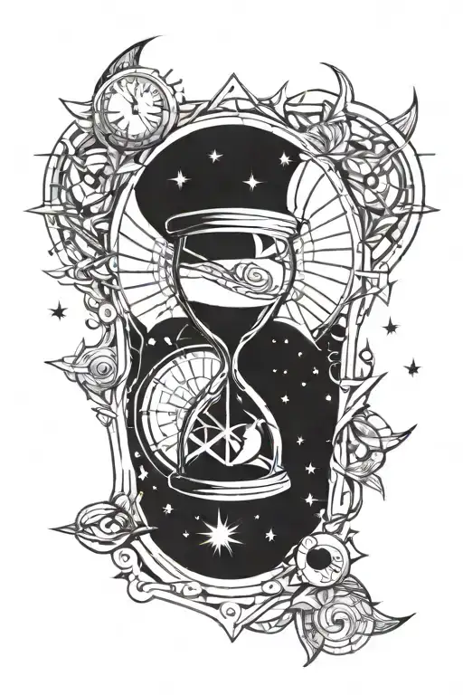 Hour Glass With Sun And Moon Surrounded By Stars