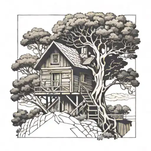 Big Oak Tree With Wooden Cabin In Front