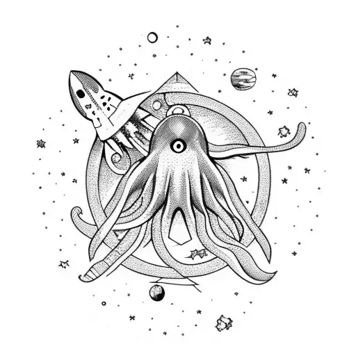 Space Scene With Ufo Abducting An Octopus