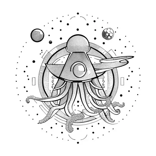Space Scene With Ufo Abducting An Octopus