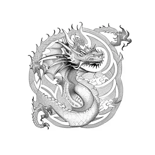 A Dotwork Tattoo Of A Dragon And Tom Shelby Sharing A Joint