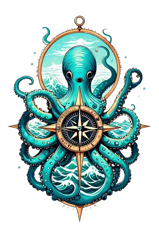 Mean Kracken Octopus In Ocean With Nautical Compass In Middle With Waves