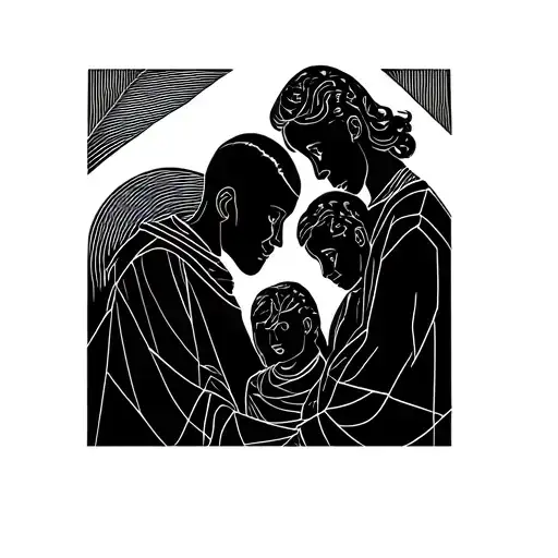 Father With His 2 Children Taken By The Hand