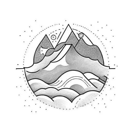 A Traditional Tattoo Of A Sunset Over A Mountain Range With A Computer Keyboard As The Foreground