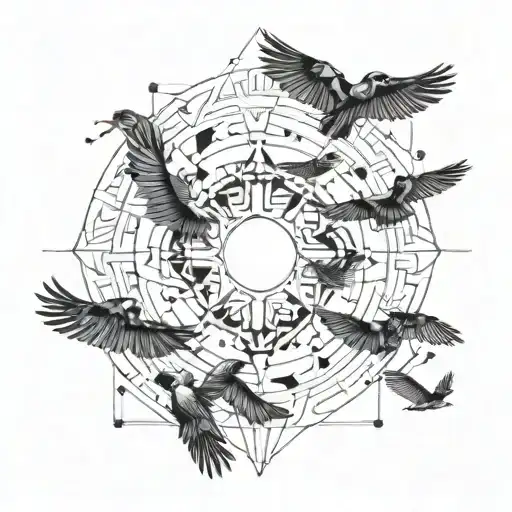 Sun In Geometric Line Style With Birds Flying Towards It