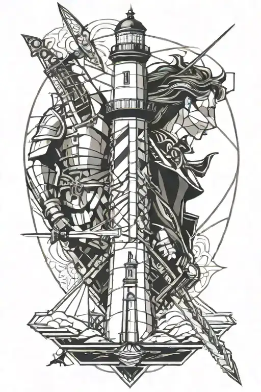 Lighthouse And Knight Holding A Sword