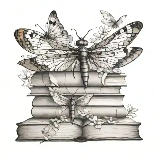 A Stack Of Books With Dragonfly Wings And Flowers Growing Out Of The Pages