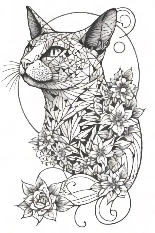 Graceful Cat With Flowers And Moon