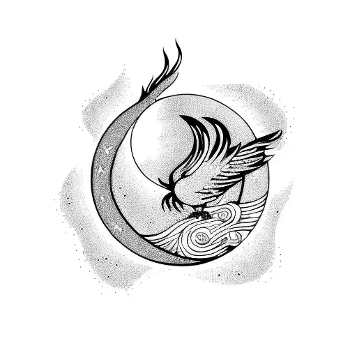 Phoenix With Moon And Waves
