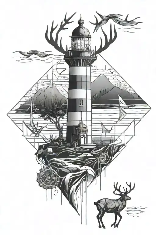 Lighthouse And Sea And Rain Deer Antlers