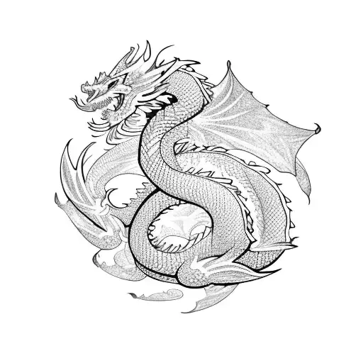Traditional Pretty Dragon With Flowers In An Invisible Border Shaped Like A Vertical Rectangle