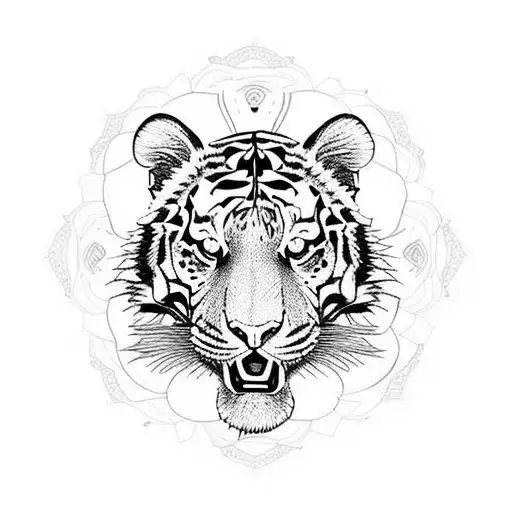 Tiger With Flowers And Mandala