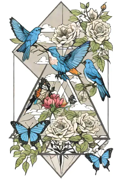 Rocky Mountain Peak With Mountain Blue Birds And Monarch Butterflies With Wild Prairie Roses