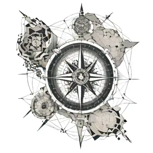 Fine Line Compass And World Map Layered On Top