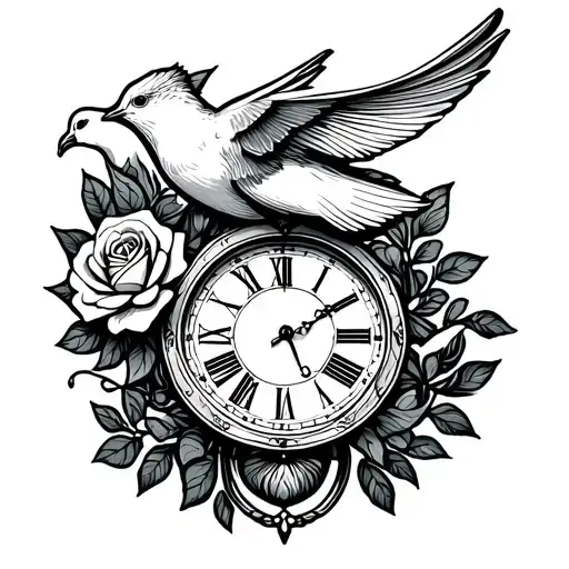 Dove On Fancy Clock With A Single Rose Growing Up It