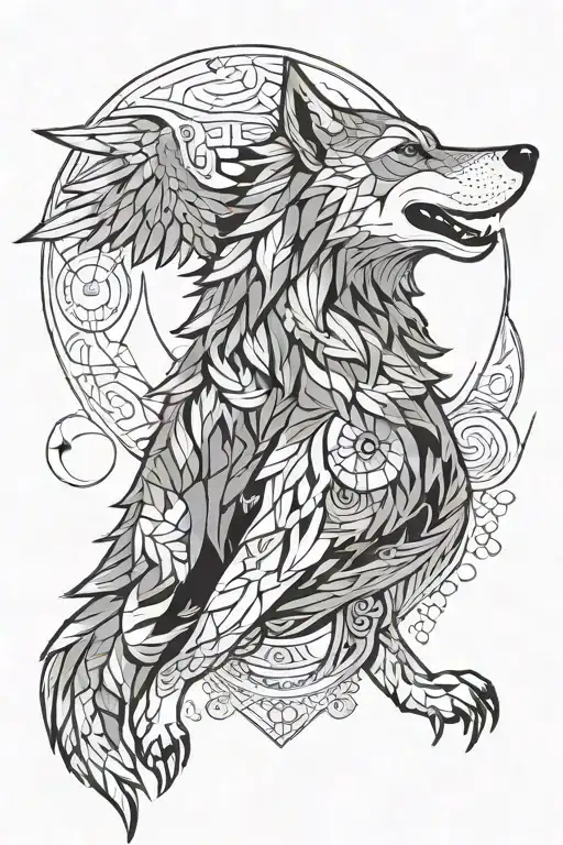 Wolf Dog With Wings And Sea At Back And Moon And Star