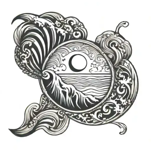 Thin Line Wave Tattoo Around Ankle With Sun And Moon