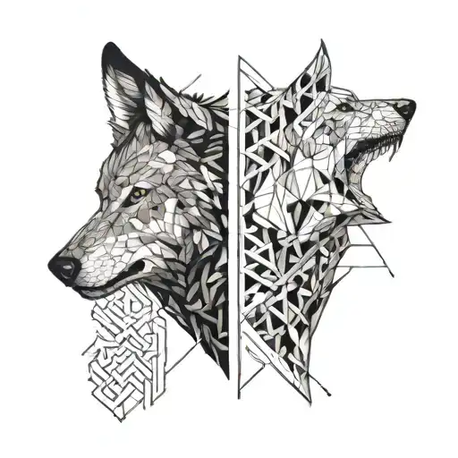 A Two Wolf's Heads One Angry Black Second White Quiet Looking At Each Other