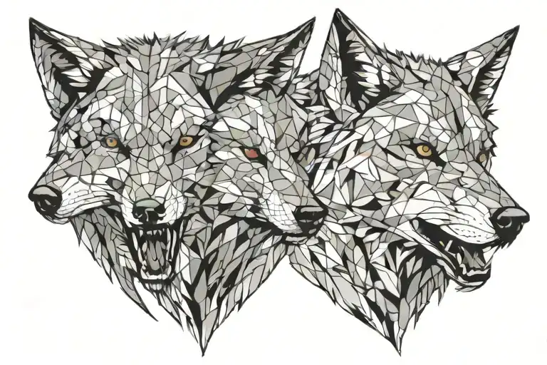 A Two Wolf Heads One Of Them Angry