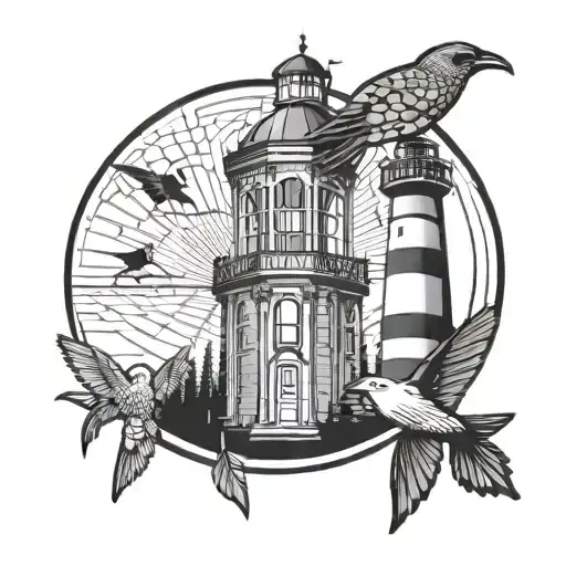 Composion In Circles Bird Below Backpack Higher And Lighthouse In The Midle