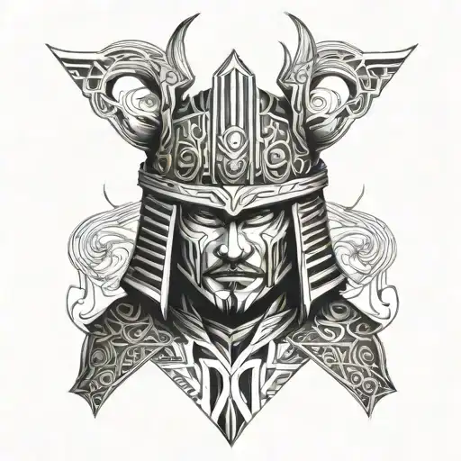 Samurai Head With Helmet Engulfed In Flames