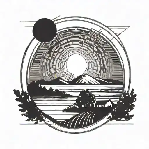 A Rising Sun Over A Peaceful Farmland Horizon Inside A Circle