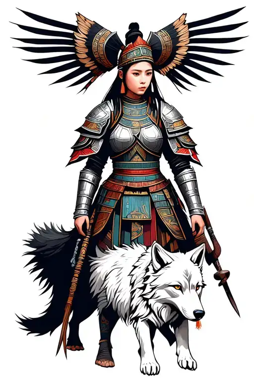 Ancient Mongolian Female Warrior Wearing A Battle Armor And Accompanied By A Pet Wild White Wolf