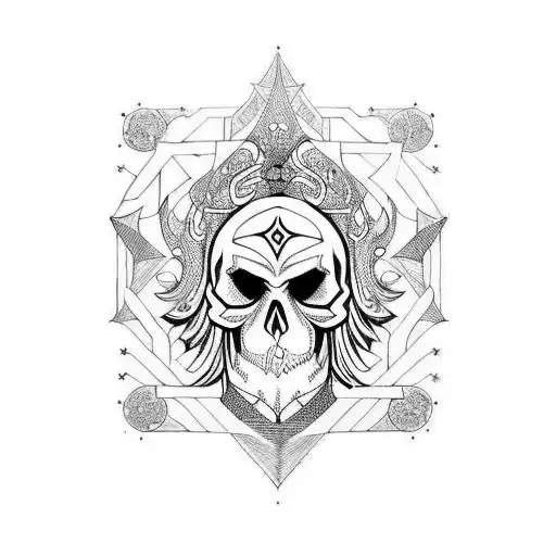 A Blackwork Tattoo Of A Norse Mythology-inspired Skull With Intricate Geometric Patterns