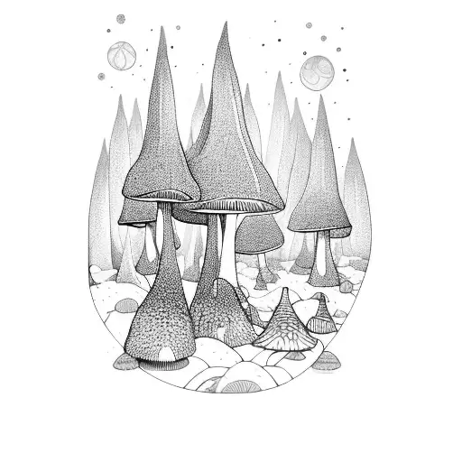 A Psychedelic Mushroom Forest With Elves Playing Instruments