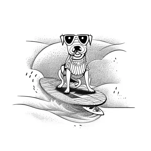 A Dog Riding A Surfboard With Musical Notes As Waves
