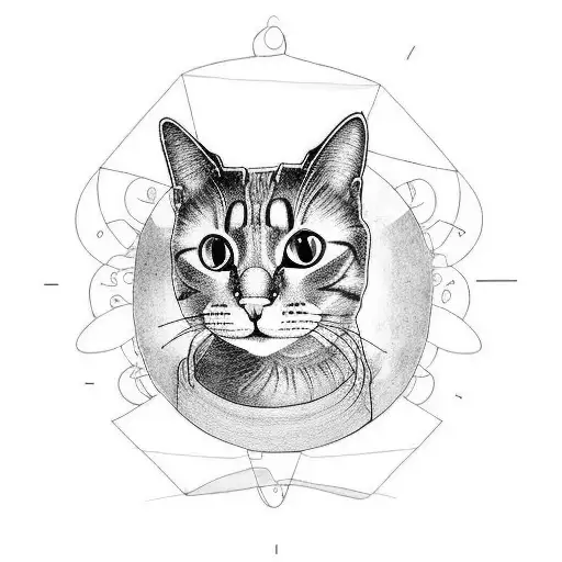 A Black-grey Tattoo Of A Scientist Observing A Cat Exploring The Mysteries Of The Universe
