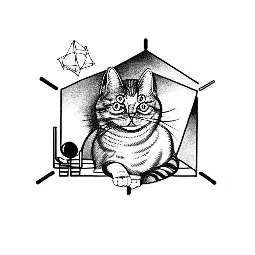 A Black-grey Tattoo Of A Scientist Observing A Cat Exploring The Mysteries Of The Universe