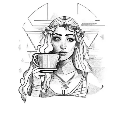 A Sketch Of A Greek Goddess Holding A Coffee Mug In A Nature Setting