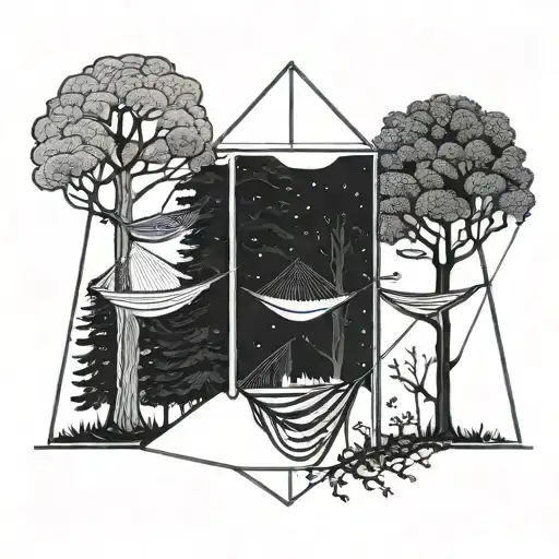 Three Hammocks Strung Up Between Two Trees In The Middle Of The Forest On A Moonlit Night