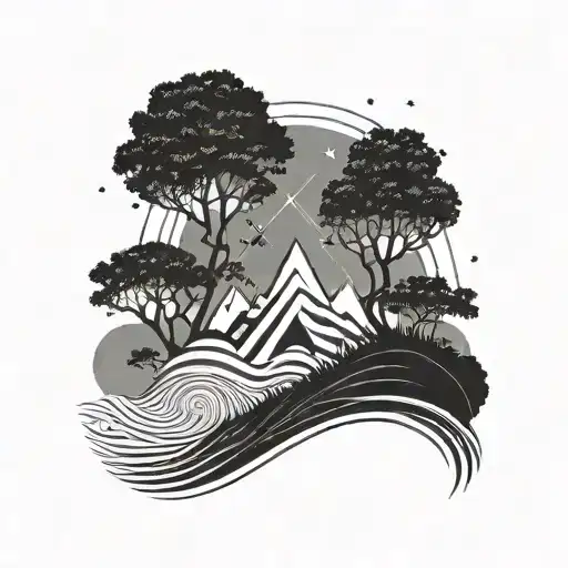 Geometric Landscape With A Wave A Tree A Star A Girl And Sky