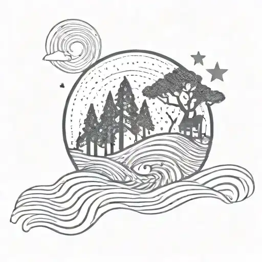Landscape With A Wave A Tree A Star A Girl And Sky