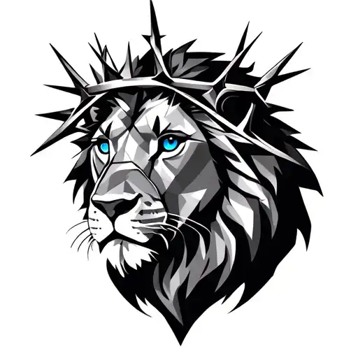 Realistic Black And Grey Tattoo Of A Lion Head With Blue Eyes Wearing Crown Of Thorns