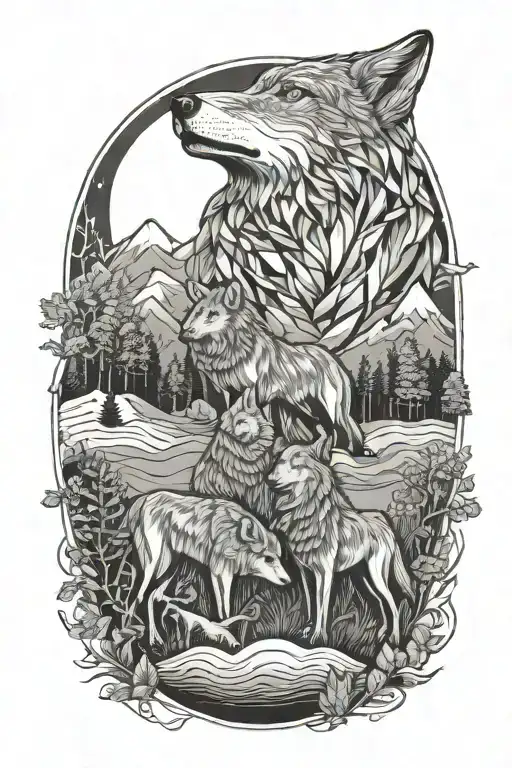 Meadow And Wolves Howling At The Moon