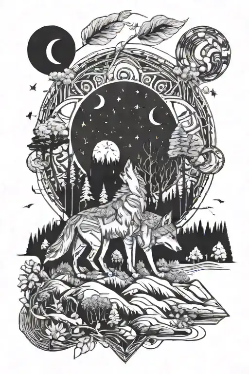 Meadow In Forest And Wolves Howling At The Moon