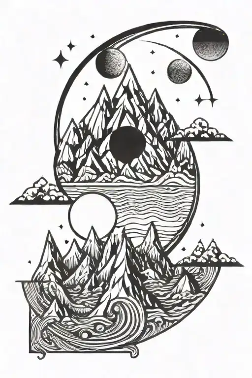 Waning Crescent Moon Within A Sun And Mountains With Reflecting Water