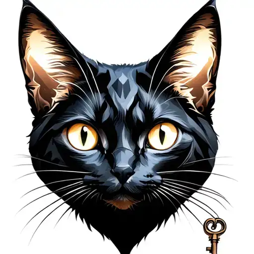 It Is A Black Cat Slender Body Enigmatic Expression Luminous Eyes And A Key In The Leg