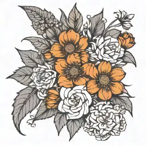 Birth Flower Bouquet July November December October April Black Ink Line