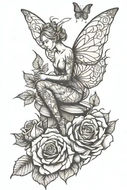 Babyfairy Sit On Rose With Butterflywings An Sunrise In Backround