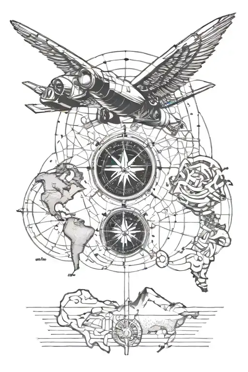 Map With Compass And Continents With A Jet Engine On It